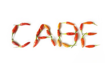 Cabe cabai rawit merah or Red cayenne pepper or Red hot chili pepper isolated on white background....
