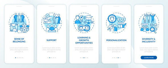 Micro community advantages blue onboarding mobile app screen. Walkthrough 5 steps editable graphic instructions with linear concepts. UI, UX, GUI template. Myriad Pro-Bold, Regular fonts used