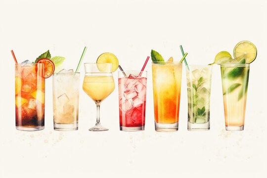Illustration of colorful cocktails on white background. Generative AI
