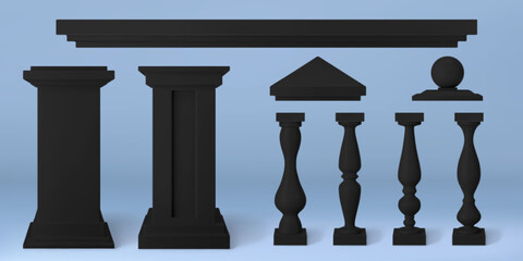 Realistic 3D set of antique architecture design elements. Vector illustration of black stone balustrade handrails, pillars, decorative pediment and ornamental marble sphere. Classical building details - obrazy, fototapety, plakaty