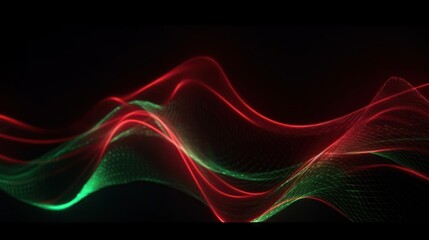 Abstract futuristic background with red and green glowing neon moving high speed wave lines and bokeh lights. Visualization of sound waves. Data transfer concept. Fantastic wallpaper. Generative AI