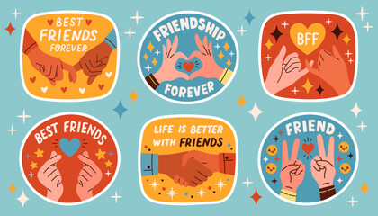 Set of stickers about friends and friendship. Collection of hand drawn lettering