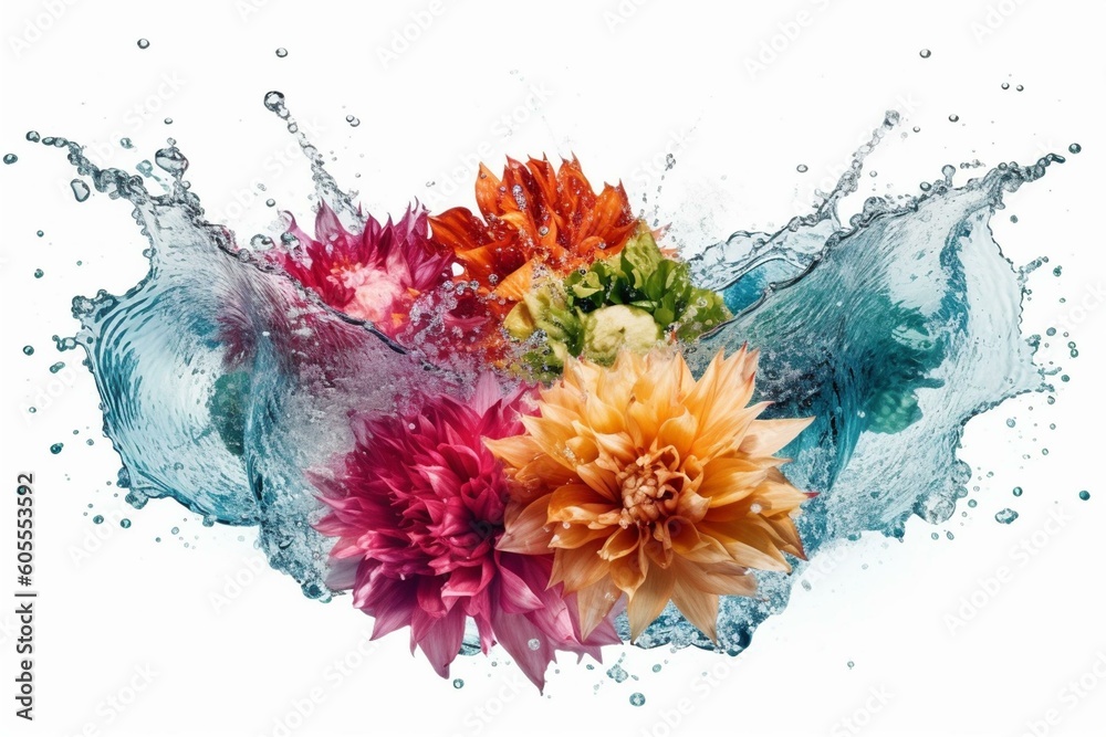 Wall mural Colorful floral explosion in water on white, representing motion & abstract art. Generative AI