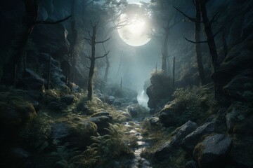 Moonlit fantasy forest amidst mountains. Generative AI