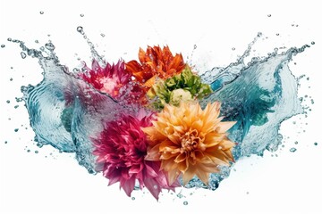 Colorful floral explosion in water on white, representing motion & abstract art. Generative AI