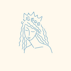 A young woman looks in front of her. Vector linear illustration drawn by hand. A pretty sweet girl.