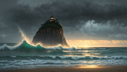 a lighthouse on a rock in the ocean. Ai llustration. digital painting. Artificial Intelligence Artwork