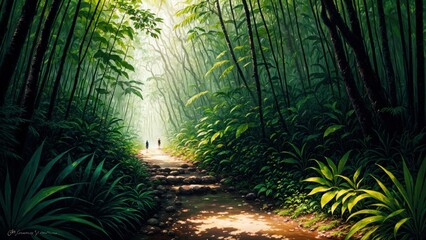 Fototapeta na wymiar a path through a tropical forest. Ai llustration. digital painting. Artificial Intelligence Artwork