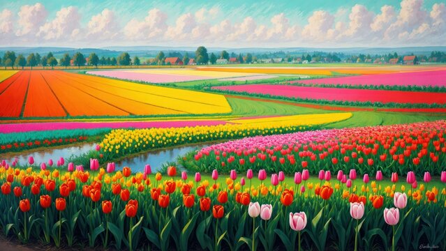 a field of tulips. Ai llustration. digital painting. Artificial Intelligence Artwork