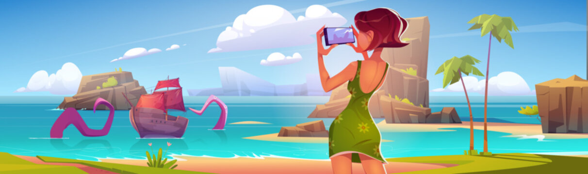 Young woman taking photo of huge octopus attacking ship in sea. Vector cartoon illustration of female character standing on beach with smartphone in hands, watching monster tentacles grabbing vessel