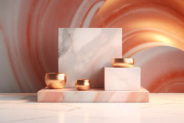 Fototapeta na wymiar Marble podium. Pink colors with gold in accents. Minimalistic scene for product presentation. Generative art