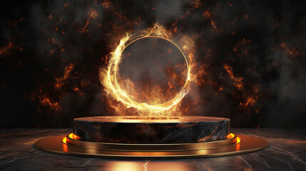 Black marble podium surrounded by blazing flames. Minimalistic scene for product presentation. Generative art