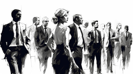 Crowd business people in silhouette. Charcoal drawing, generative art
