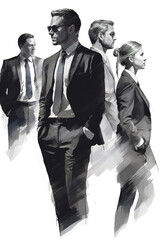 Crowd business people in silhouette. Charcoal drawing, generative art
