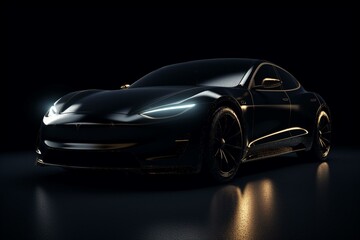 Fototapeta na wymiar Black metallic electric sports car on black background with space. 3D rendered image. Generative AI