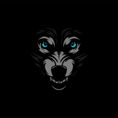 Wolf logo line pop art portrait colorful design with dark background. Abstract animal vector illustration.