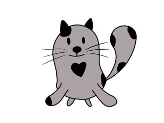 Gray cartoon cat with black dots standing on the ground.
on a white background.