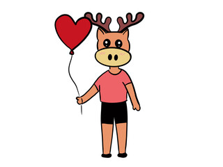 cartoon cute deer holding red balloons.on a white background.
