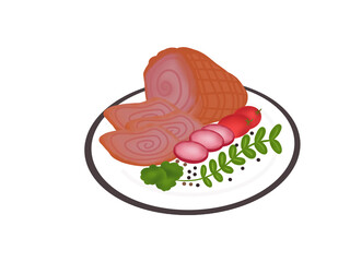 Large pieces of meat, beef steak and vegetables are beautifully arranged on the plate. on a white background.