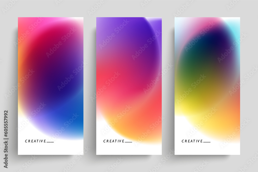 Poster Set of abstract backgrounds with vibrant gradient defocused round shapes for creative graphic design. Blurred circles. Vector illustration.