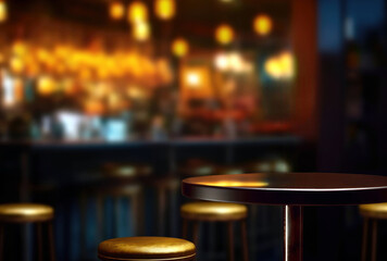 Fototapeta na wymiar Empty top of round wooden table in front of abstract blurred background of bar or pub. High quality photo