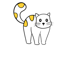 White cute cartoon cat with yellow spots walking. on white background.