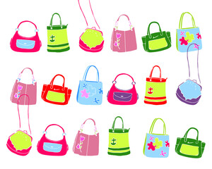 Hand drawn colored women bags set, for your design. Colored hand drawn different types of bags