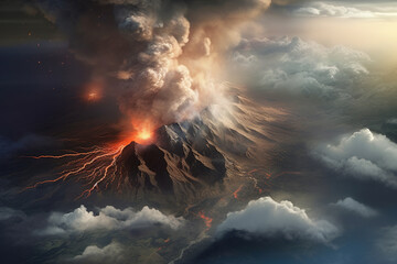 Eruption of massive Volcano, aerial view, stunning photorealistic art