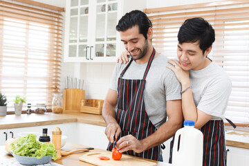 Happy cheerful LGBTQ+ gay romantic couple preparing and making their breakfast together in the kitchen.