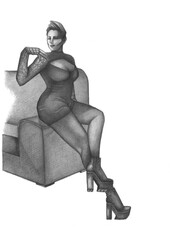 Fototapeta na wymiar Illustrazione a grafite di una donna seduta su un divano