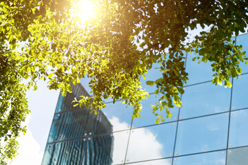 Clouds reflected in modern office building wall