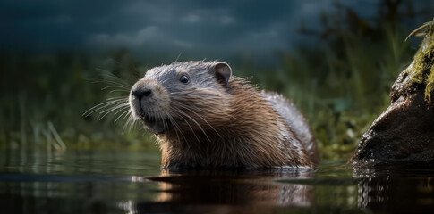 photo of mountain beaver in water in its natural habitat. Generative AI