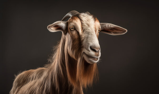 closeup studio photo shot of Nubian goat on dark background. Generative AI
