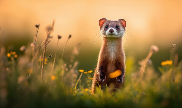 Photo of mustelid, a sleek and agile ferret, captured in a moment of playfulness as it bounds across a verdant meadow in soft, warm light of the setting golden hour sun. Generative AI