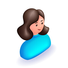 3D Isometric illustration. Cartoon character icon of a girl with long brown hair. Beautiful lush hairstyle. Vector icons for website