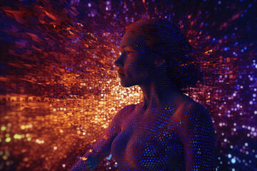 Naklejka premium abstract futuristic background blended with a women shape body and face with pink blue glowing neon moving wave lines and bokeh lights. Data transfer concept wallpaper, Ai Generative