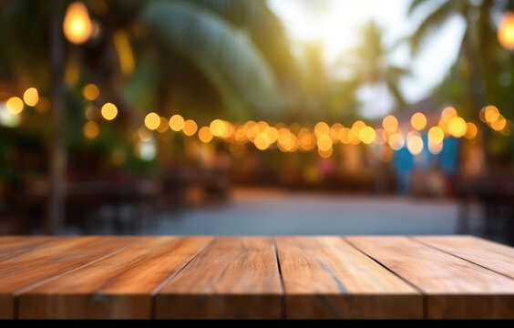 Empty wooden table and blurred background of restaurant with bokeh light. High quality photo