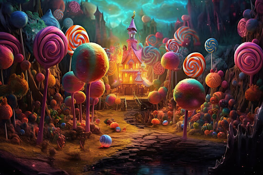 Cartoon fantasy landscape of candyland. Generative AI illustration with caramel trees.