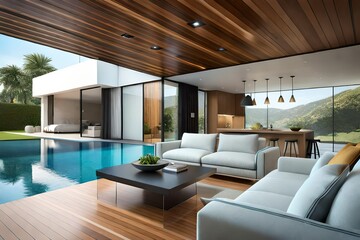 Fototapeta na wymiar modern luxury living room with pool