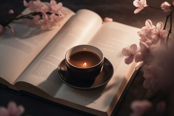 3D scene with calming coffee, book, and sakura flowers. Generative AI