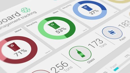 Waste and recycling, waste management tracking, dashboard with graphs and statistics, close-up view of a computer monitor, software template, fictional data (3d render) - Powered by Adobe