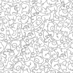 Seamless vector pattern with funny cats. Linear style kittens, funny and fun 