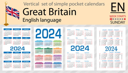 English vertical set of pocket calendar for 2024. Week starts Sunday