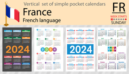 French vertical set of pocket calendar for 2024. Week starts Sunday