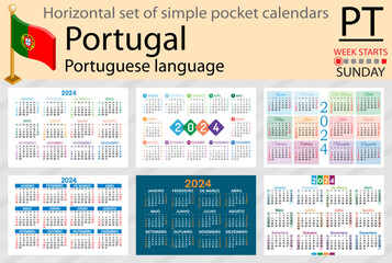 Portuguese horizontal set of pocket calendar for 2024. Week starts Sunday