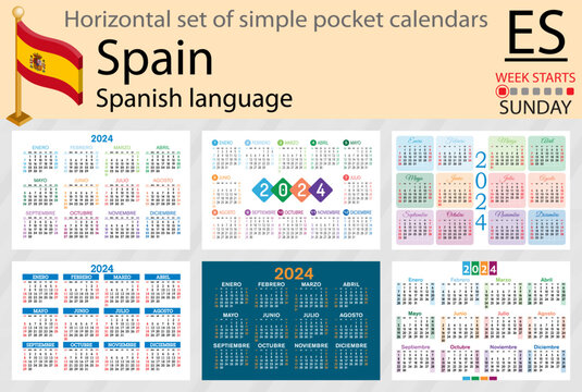 Spanish horizontal set of pocket calendar for 2024. Week starts Sunday