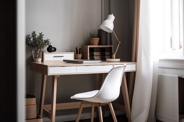 Cute Single Desk with Wall Copy Space. Single Desk for a Minimalist Home Office. Single Desk for a Stylish Home Office. 