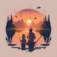 a dad fishing with son in a river with a sunset background back view