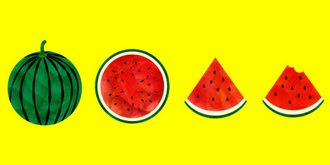 水彩風のカットスイカと丸ごとスイカと半分に切ったスイカのイラスト