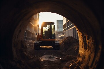 Plakat Excavator on construction site viewed through pipe. Earthmoving equipment for quarry. Generative AI